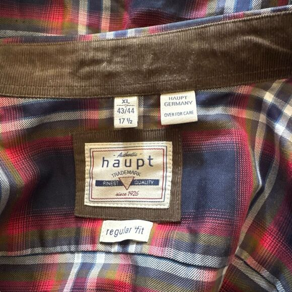 Haupt Shirt Mens 17.5 XL Red Blue Check Tartan Cotton Twill Flannel Soft - Picture 6 of 9